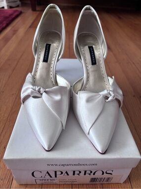 Caparros Ivory Satin Pointed D'Orsay Heels with Bow Accent